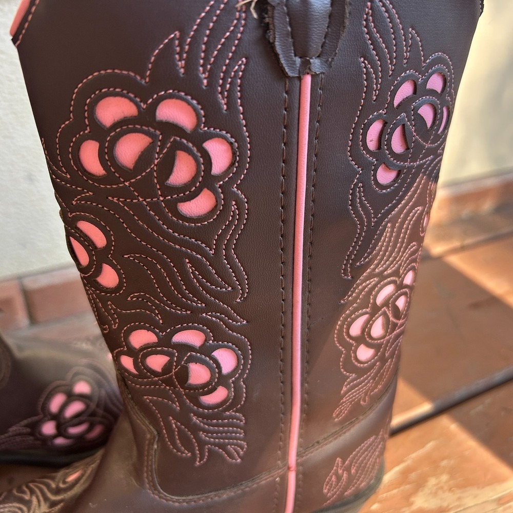 Old West Kids Western Cowboy Boots Brown Pink Rodeo Cut Out Flowers Size 2.5 - Picture 7 of 9